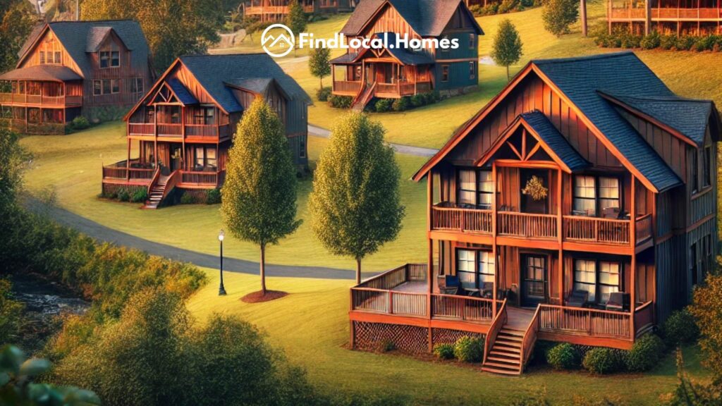 Scenic view of cabin-style houses set against the backdrop of the North Georgia mountains, showcasing the rustic charm and natural beauty of Jasper, Georgia.