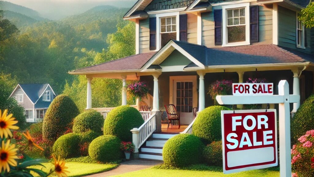 A charming house in Jasper, Georgia with a 'For Sale' sign in the front yard, surrounded by lush greenery and picturesque Appalachian mountains.