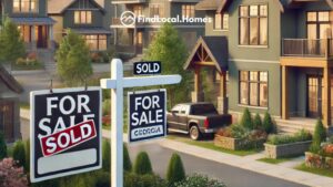 A view of the housing market in Jasper, Georgia showcasing modern and traditional homes against the Appalachian mountains, with 'For Sale' and 'Sold' signs and market trend indicators.